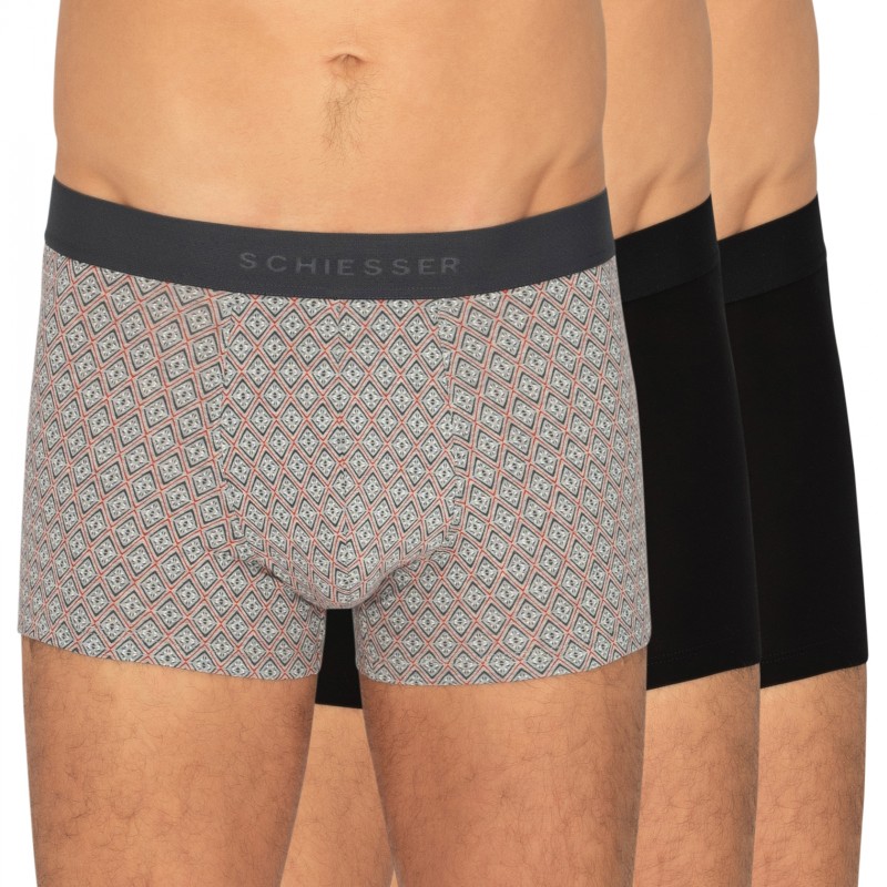 Schiesser_3-erSet_Shorts_Schwarz&Grau_mitMuster