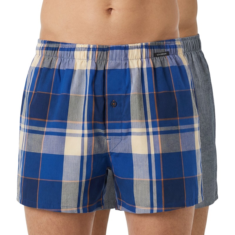 Schiesser 2-er Set Boxershorts Blau kariert & Grau günstig online kaufen