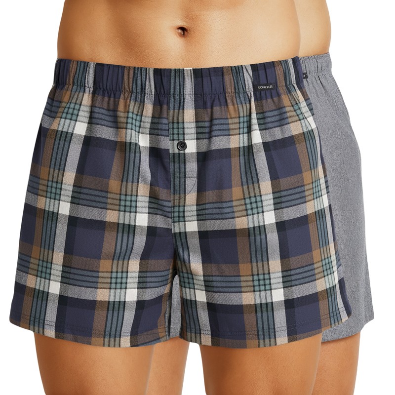 Schiesser_2-erSet_Boxershorts_Dunkelblau-Grau_Kariert_Grau