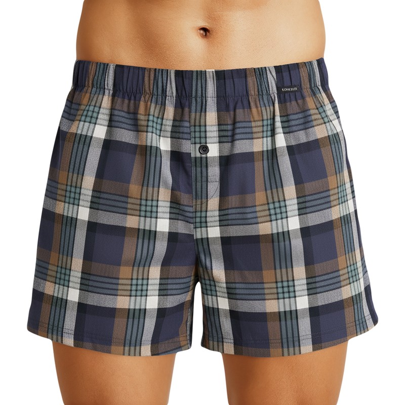 Schiesser 2-er Set Boxershorts Blau-Grau kariert & Grau